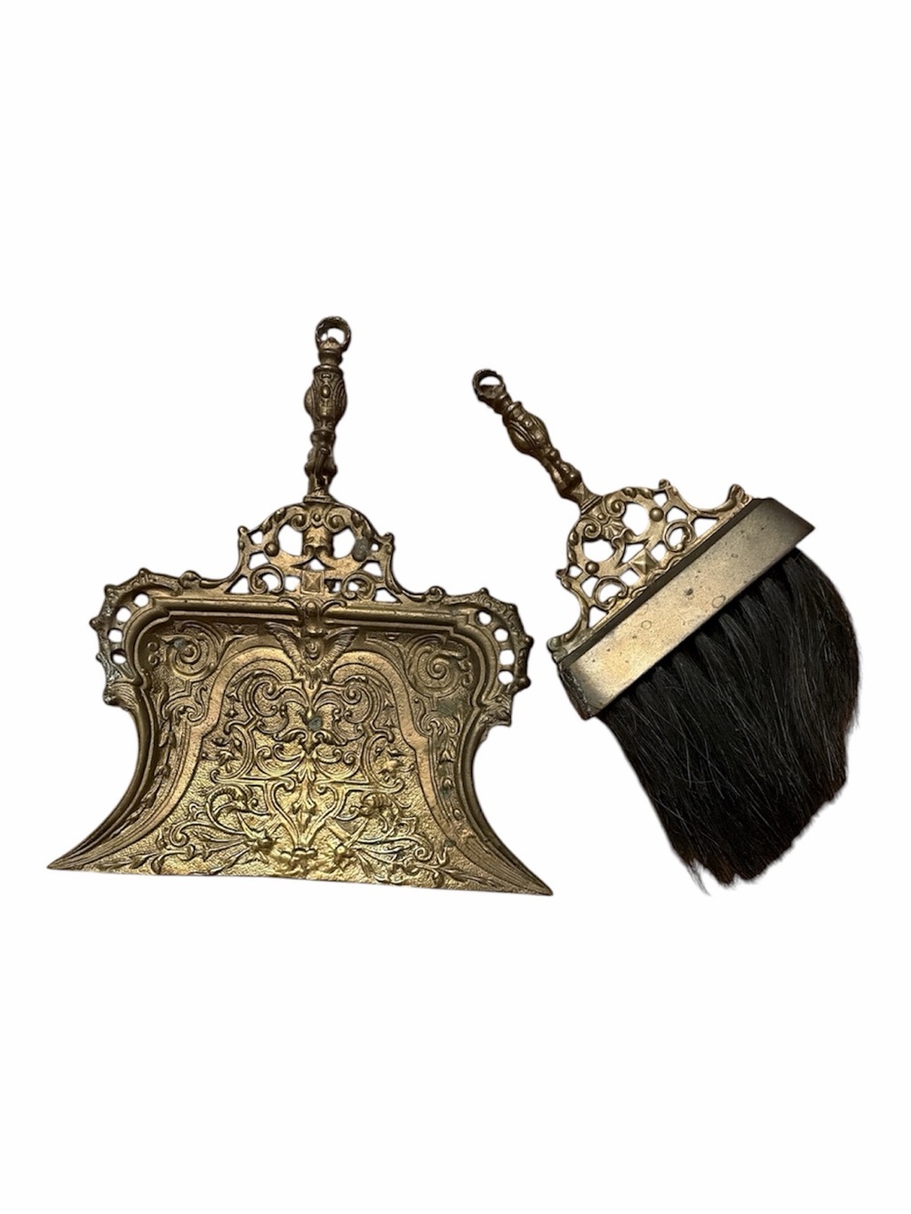 Antique Angel Brass dust pan with horsehair brush